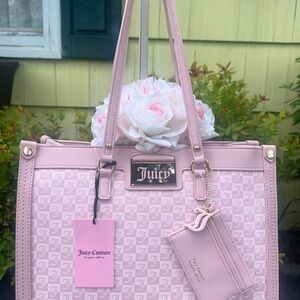 Juicy Couture Miss Juicy Tote Pale Pink Diamond Classic Print Shoulder Bag Gold